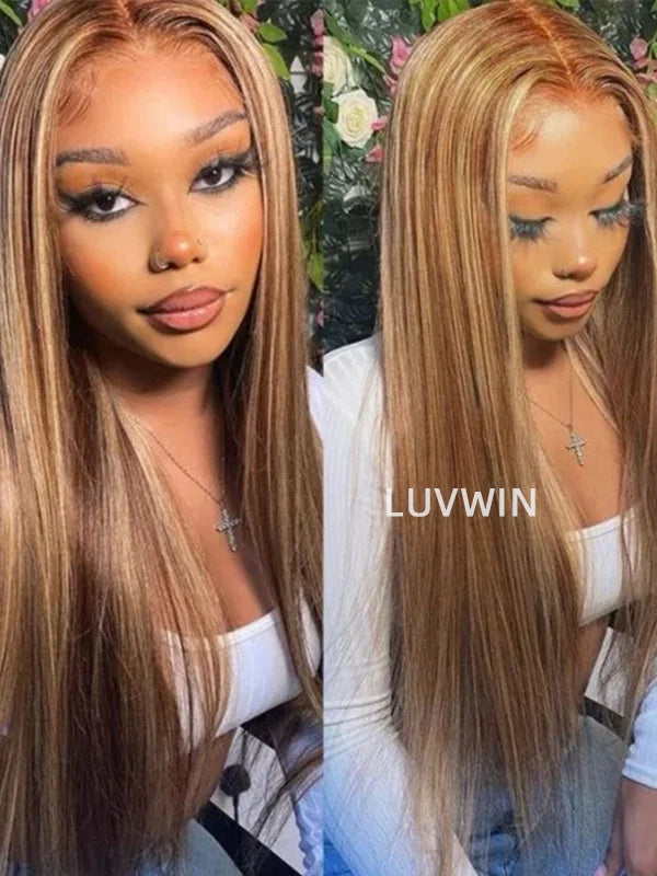 Luvwin 13x4 Pre-cut Lace Frontal Honey Blonde Highlight Color Human Hair Wig