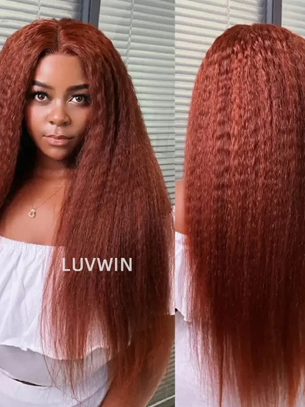 Luvwin Reddish Brown Kinky Straight 13x4 Pre-Cut Lace Human Hair Glueless Wigs