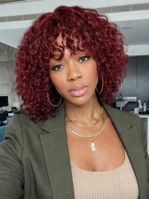 Luvwin Dark Red Water Wave Glueless Short Bang Lace Wig