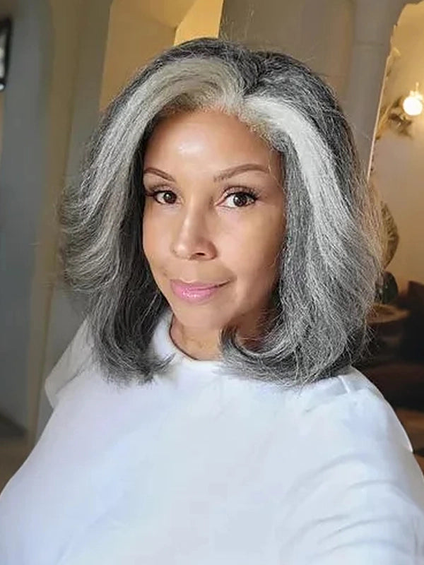 Luvwin 4C Edges Salt & Pepper More Salt Highlight Front Glueless Yaki Straight Wig