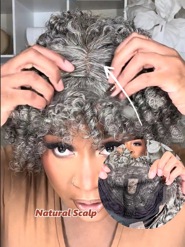 Luvwin Salt And Pepper Ringlet Curls Wig With Bangs