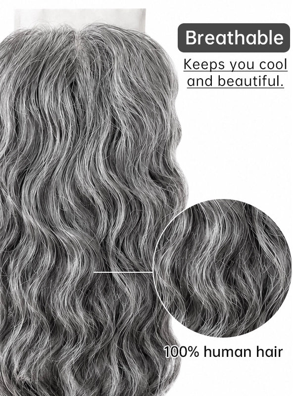 Luvwin 5X5 Lace Salt and Pepper Indian Wavy Natural Gray Human Hair Closure