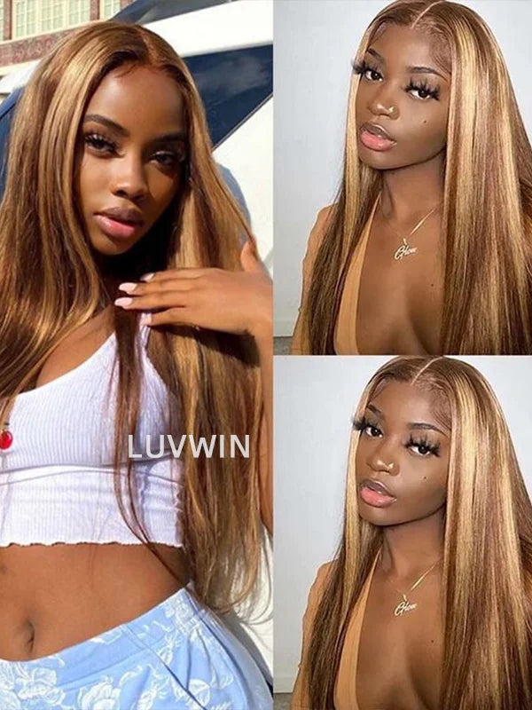 Luvwin 13x4 Pre-cut Lace Frontal Honey Blonde Highlight Color Human Hair Wig