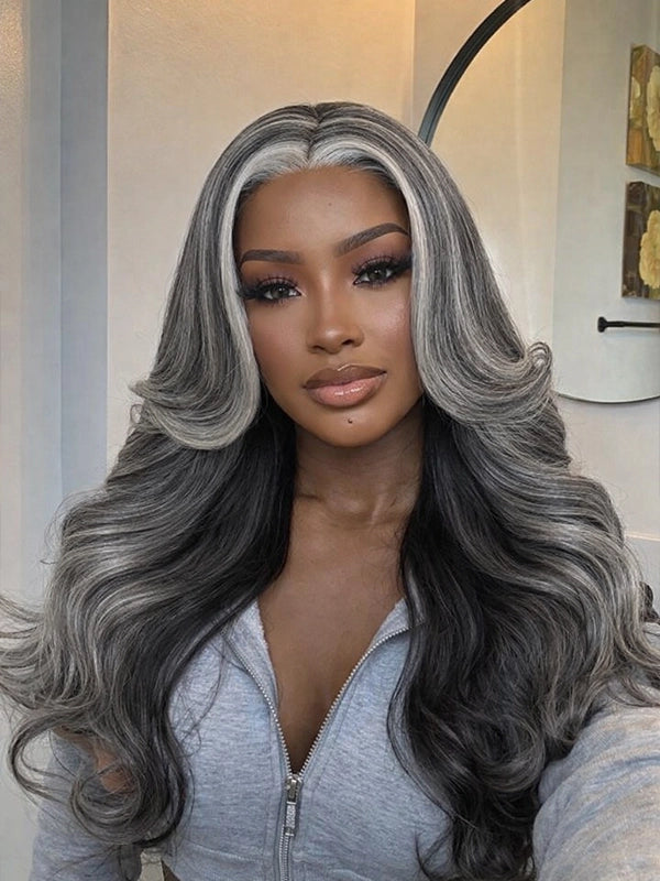 Luvwin 13x4 Salt And Pepper White Money Piece Loose Wave Layered Cut Wig