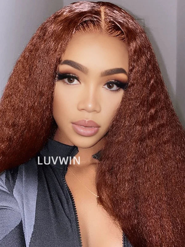 Luvwin Reddish Brown Kinky Straight 13x4 Pre-Cut Lace Human Hair Glueless Wigs