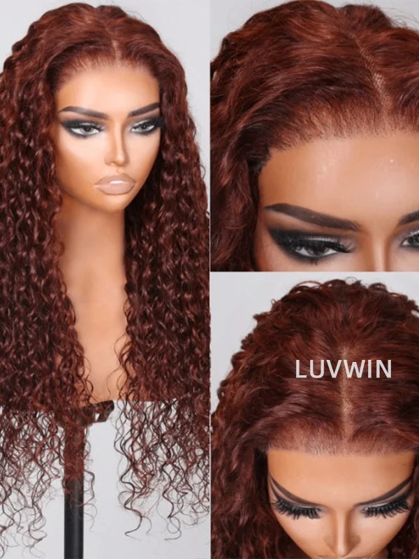 Luvwin Reddish Brown Wear And Go 13x4 Pre-Cut Lace Jerry Curly Long Human Hair Wigs For Black Women
