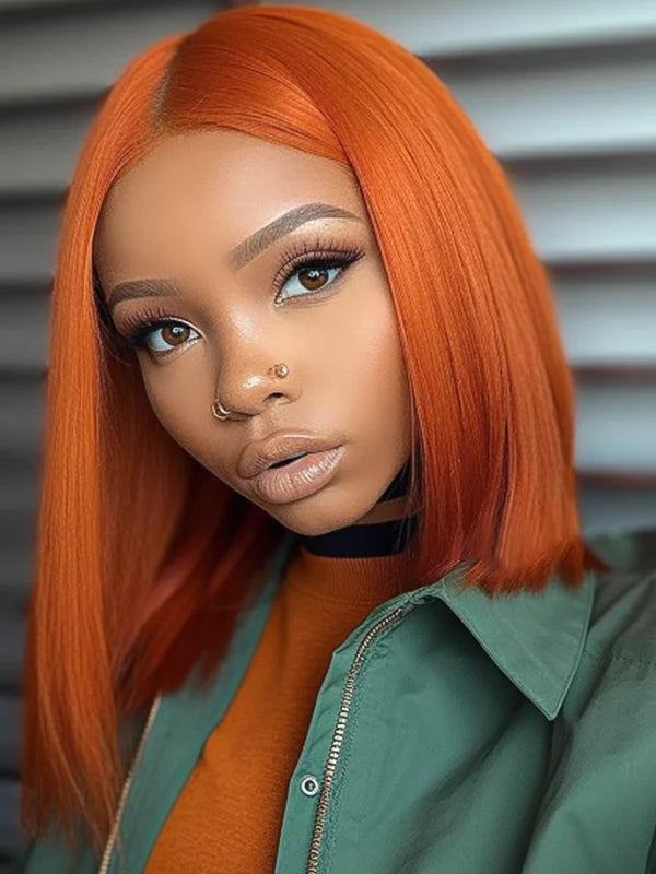 Luvwin 13x4 Ginger Orange Color Gluless Pre-Cut Swiss HD Lace Human Hair Bob Wig