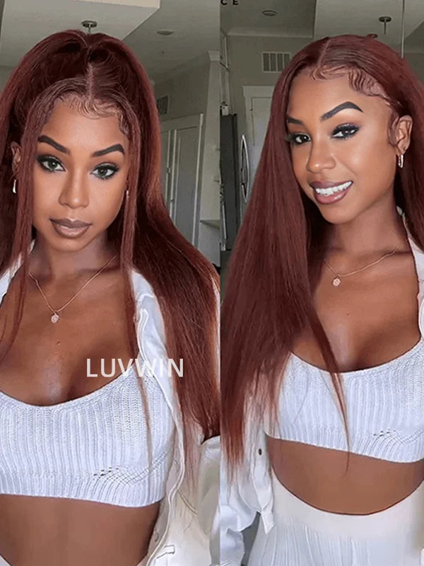 Luvwin Reddish Brown Kinky Straight 13x4 Pre-Cut Lace Human Hair Glueless Wigs