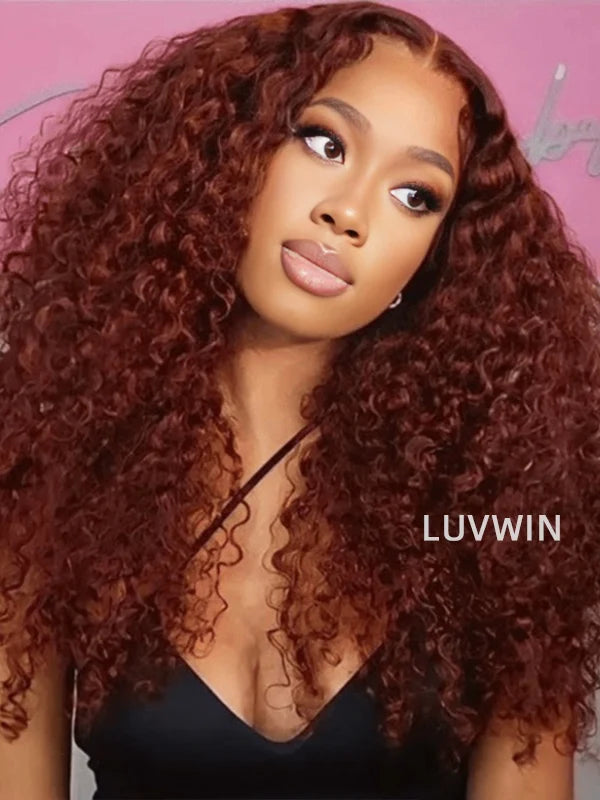 Luvwin Reddish Brown Wear And Go 13x4 Pre-Cut Lace Jerry Curly Long Human Hair Wigs For Women