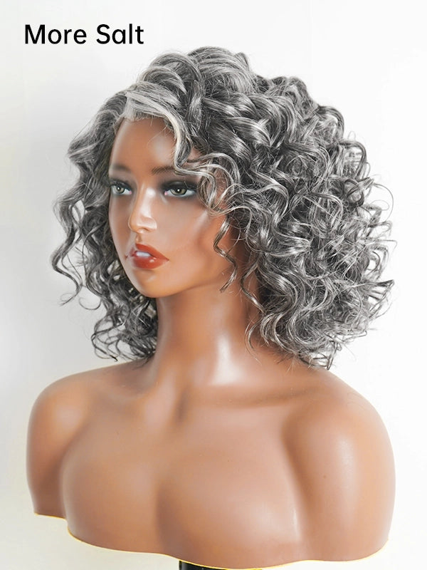 Elegant Salt and Pepper Grey Bob Wig with Gentle Curly Texture, Glueless Pre-Cut Lace, Ideal for Chic and Natural Looks.