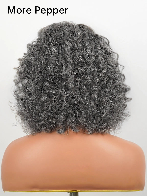 Back view of a medium-length salt and pepper gray wig with loose water wave curls, more pepper tone, made of 100% human hair, ideal for natural, elegant everyday styling