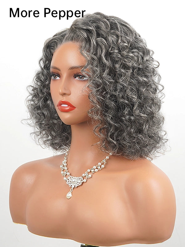 Side view of a medium-length salt and pepper gray wig with loose water wave curls, more pepper tone, made of 100% human hair, ideal for natural, elegant everyday styling
