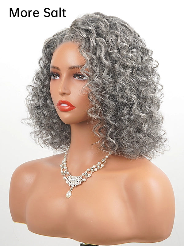 Side view of a medium-length salt and pepper gray wig with loose water wave curls, more salt tone, made of 100% human hair, perfect for natural, elegant everyday styling