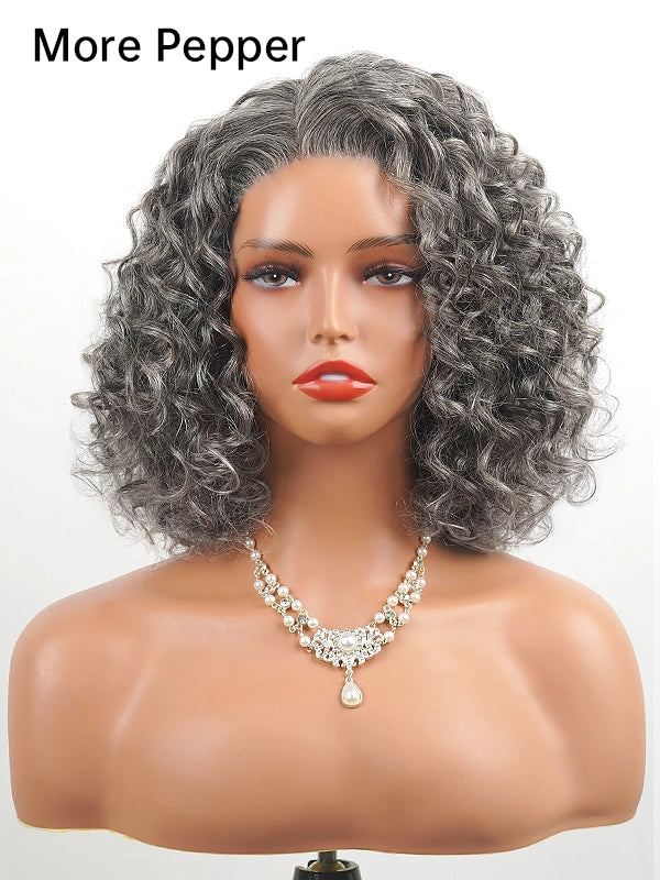 Front view of a medium-length salt and pepper gray wig with loose water wave curls, more pepper tone, made of 100% human hair, perfect for natural and elegant everyday styling