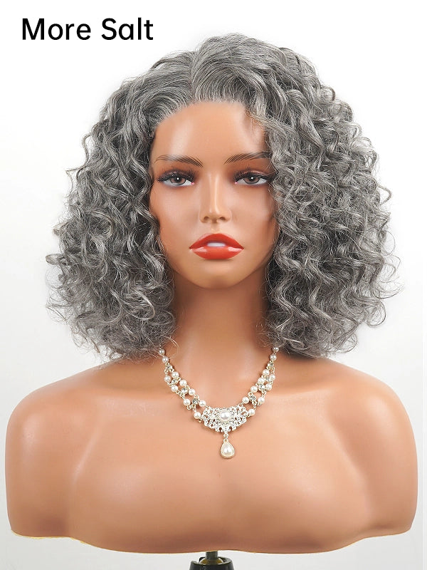 Front view of a medium-length salt and pepper gray wig with loose water wave curls, made of 100% human hair, perfect for natural and elegant everyday look