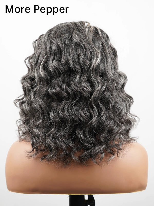 Back view of More Pepper version Salt and Pepper Gentle Loose Curly Grey Bob Wig, showing natural dark grey curls and layered texture, realistic salt and pepper wig for women seeking a stylish and confident mature look.