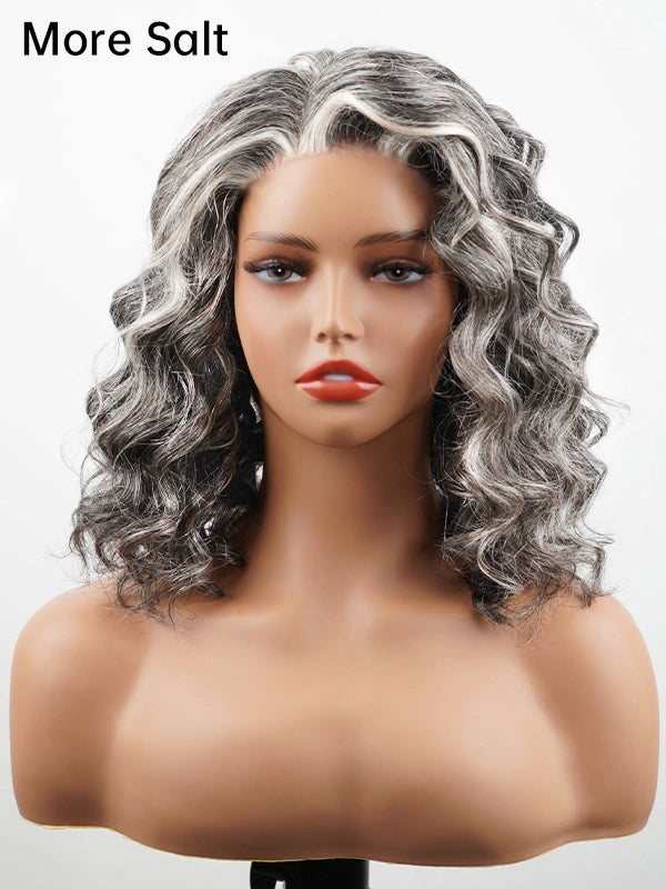 More Salt version of Salt and Pepper Gentle Loose Curly Grey Bob Wig, natural grey color short curly wig for mature women with elegant soft curls.