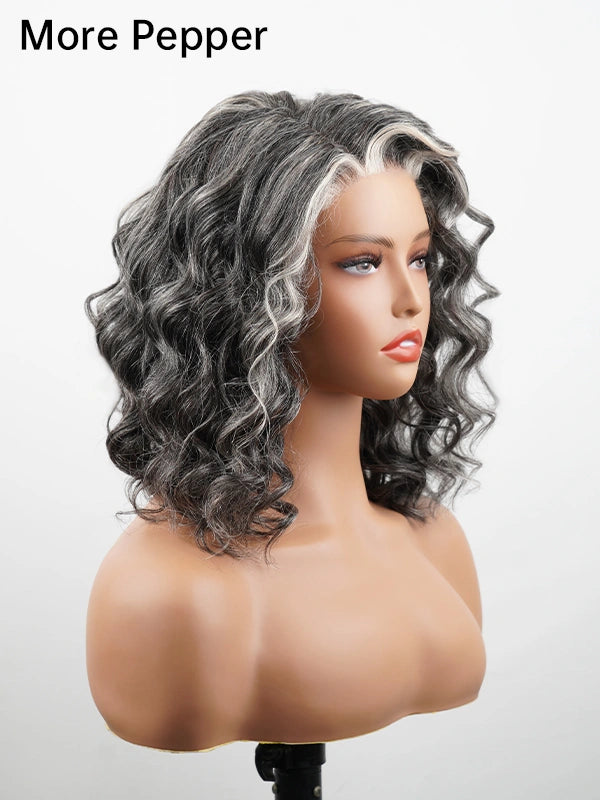 Side view of More Pepper version Salt and Pepper Gentle Loose Curly Grey Bob Wig, realistic short curly wig with darker grey tones, natural salt and pepper color perfect for elegant mature women.
