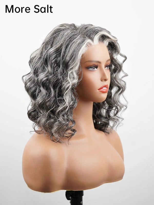 Side view of More Salt version Salt and Pepper Gentle Loose Curly Grey Bob Wig, soft natural grey curls with elegant highlights, realistic short curly wig for women seeking a chic mature look.