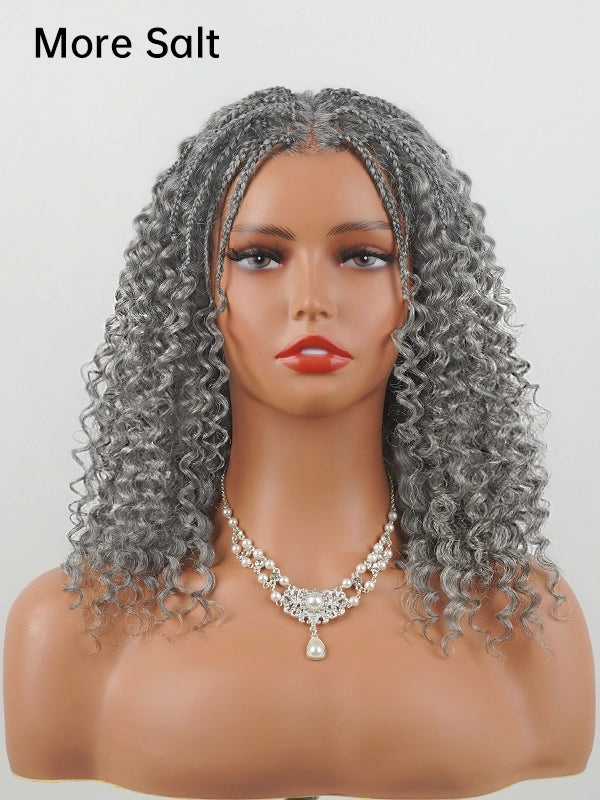 Salt and pepper boho braided curly wig with natural gray curls, lightweight synthetic braided wig for women