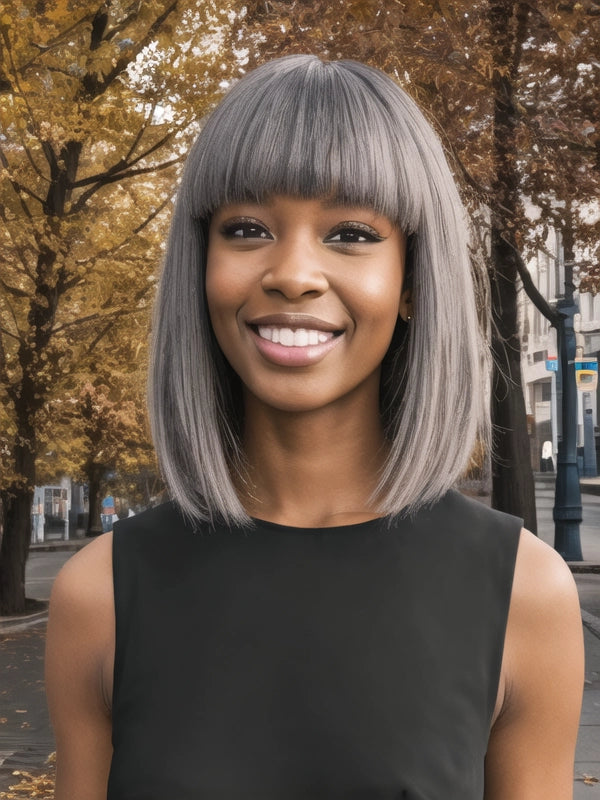 A woman showcasing the Salt and Pepper full machine-made wig with bangs, designed for women of all ages. Perfect for weddings, parties, and special events, offering a graceful, timeless look.