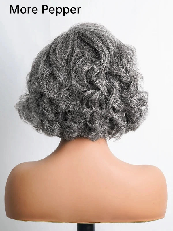 Luvwin 5x5 Salt And Pepper Gray Color Glueless Pre-Cut Lace Short Layered Loose Wave Wig 100% Human Hair