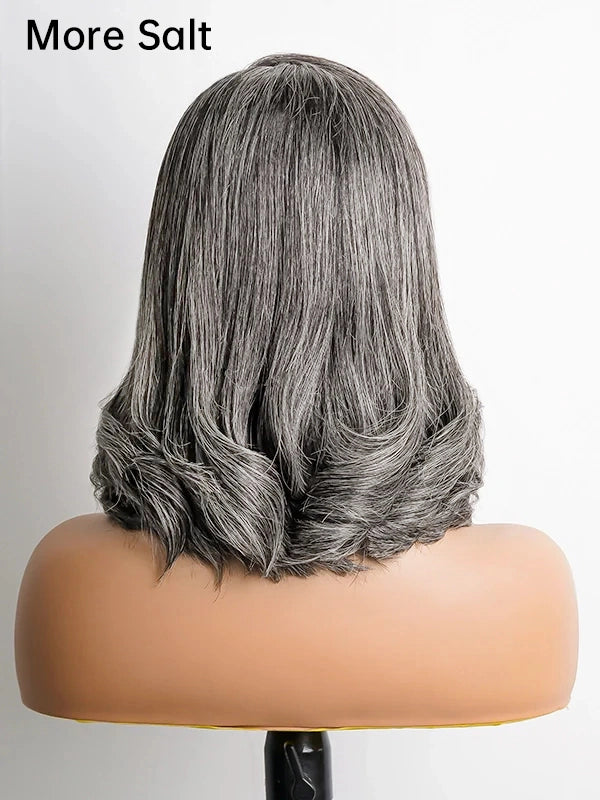 Luvwin Dark Gray Color Salt & Pepper Custom Wavy Hair 5x5 Pre-cut Lace Bob Wig For Seniors