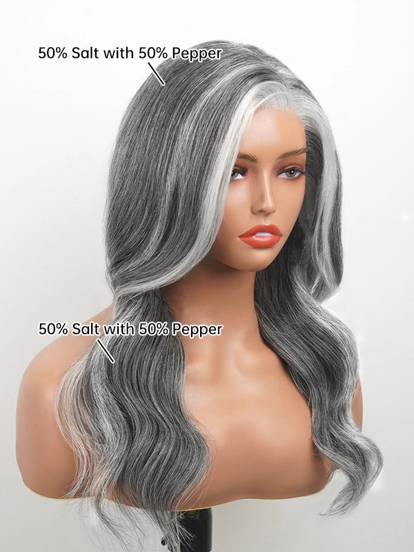 Luvwin Silver Grey Salt & Pepper Wavy Wig With Signature White Front Streaks