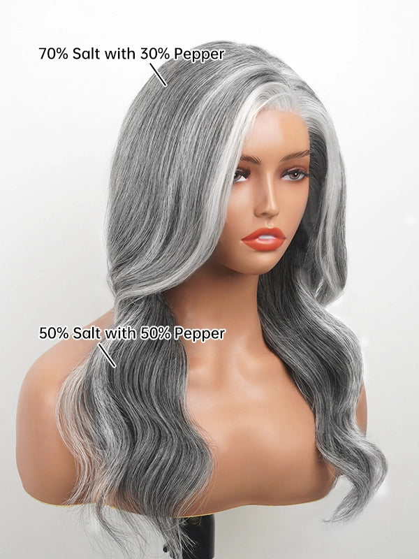 Luvwin Silver Grey Salt & Pepper Wavy Wig With Signature White Front Streaks