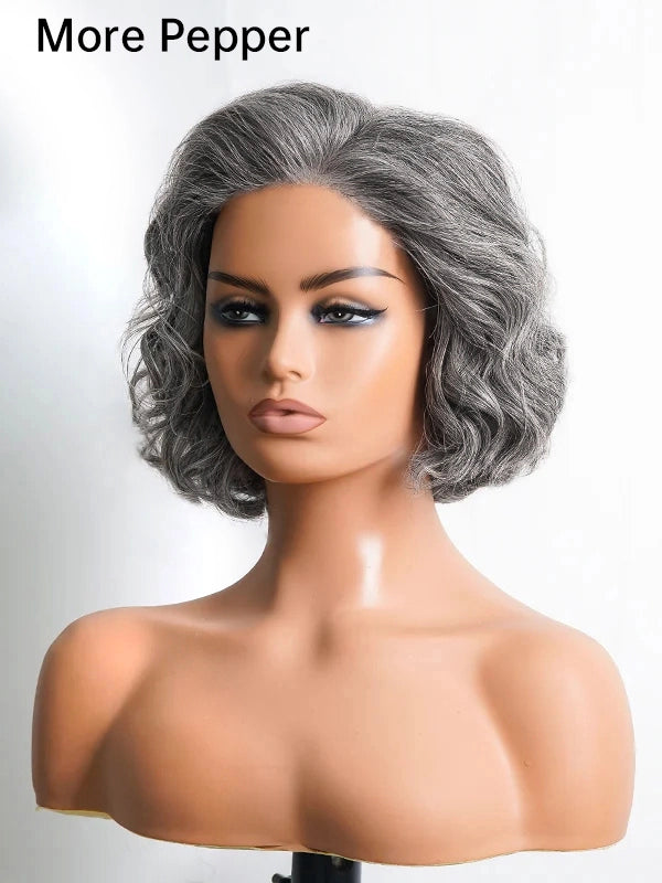 Luvwin 5x5 Salt And Pepper Gray Color Glueless Pre-Cut Lace Short Layered Loose Wave Wig 100% Human Hair