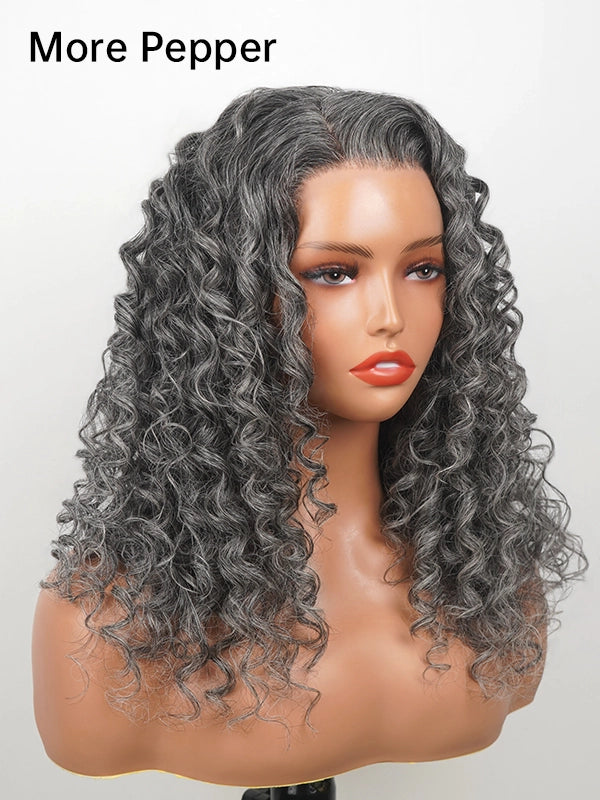 Luvwin Salt & Pepper Loose Wave Curly Wig Glueless Gray Color 100% Human Hair