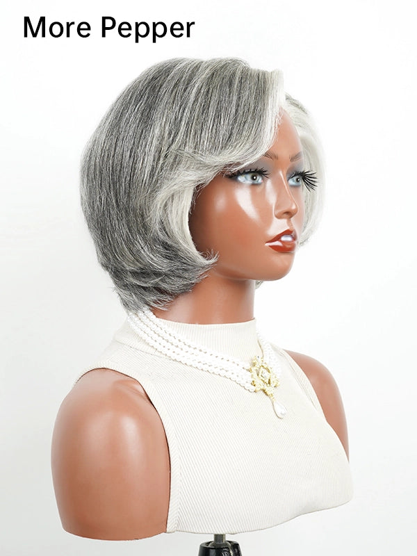 Luvwin 5x5 Lace Salt And Pepper Layered Swoop Bob Glueless Gray Wig