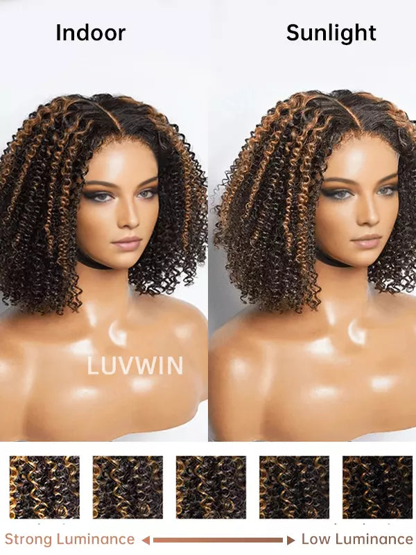 4C Edges | Luvwin 180%density Highlight Afro Curly 5x5 HD Glueless Undetectable Frontal Lace Wig
