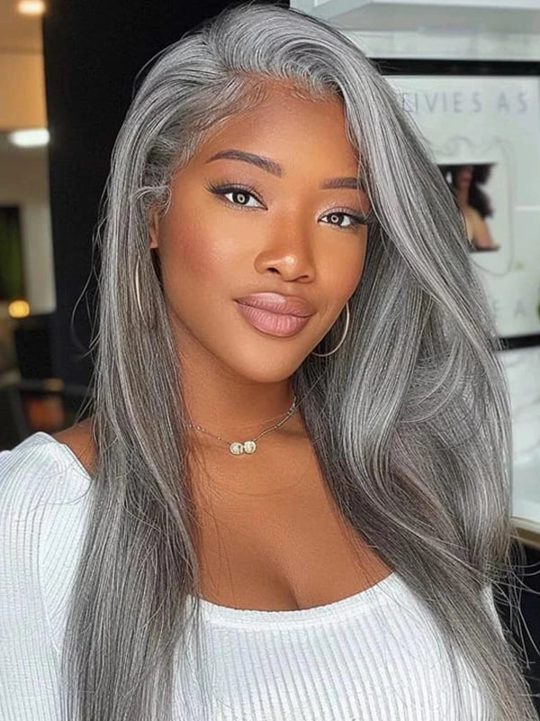 Luvwin Salt & Pepper Gray Beginner Friendly Glueless Straight Wig 100% Human Hair