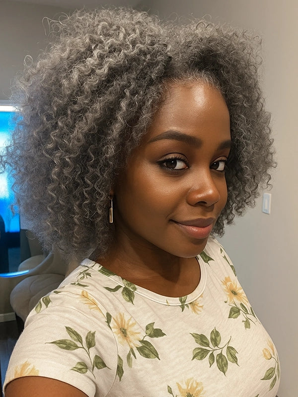 Luvwin Salt & Pepper Kinky Curly 3 In 1 Half Wig Beginner Friendly Glueless 3/4 Wig 100% Human Hair