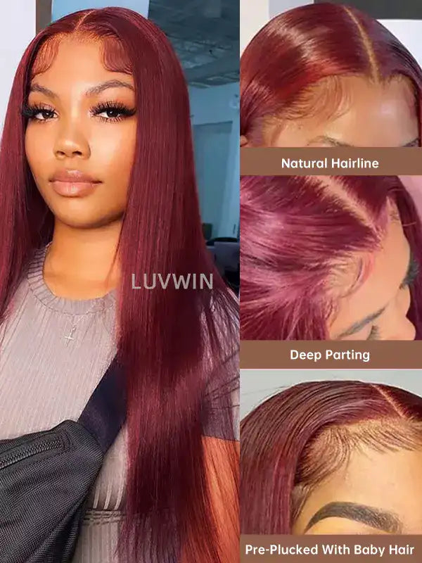 Luvwin 99J Burgundy Color 13x4&13x6 HD Lace Silky Straight Pre-Plucked Pre-Cut Wig for Women