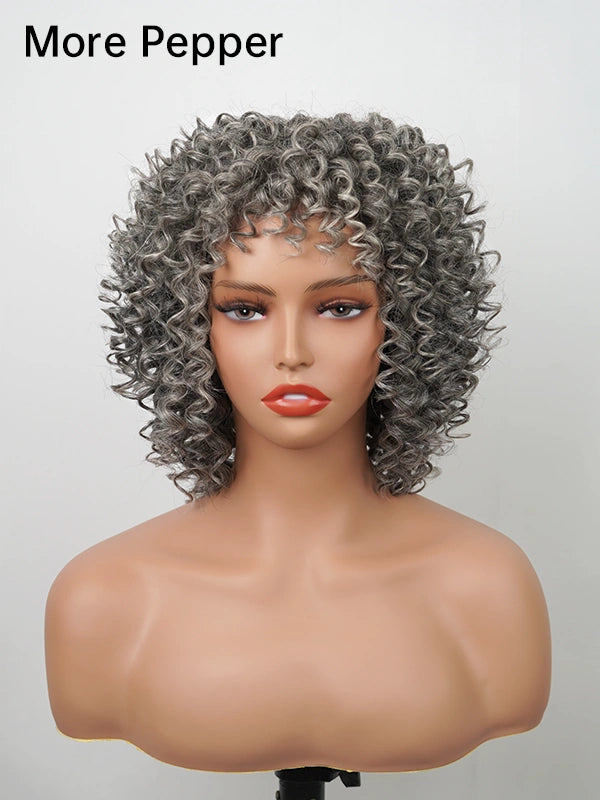 Luvwin Salt And Pepper Ringlet Curls Wig With Bangs