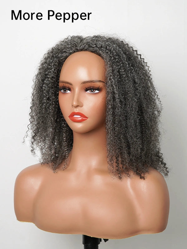 Luvwin Salt & Pepper Kinky Curly 3 In 1 Half Wig Beginner Friendly Glueless 3/4 Wig 100% Human Hair