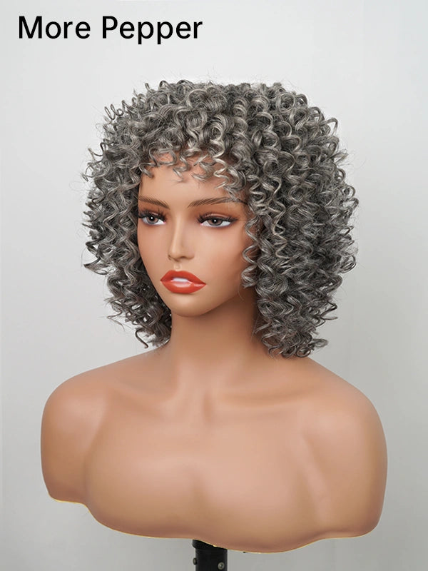 Luvwin Salt And Pepper Ringlet Curls Wig With Bangs