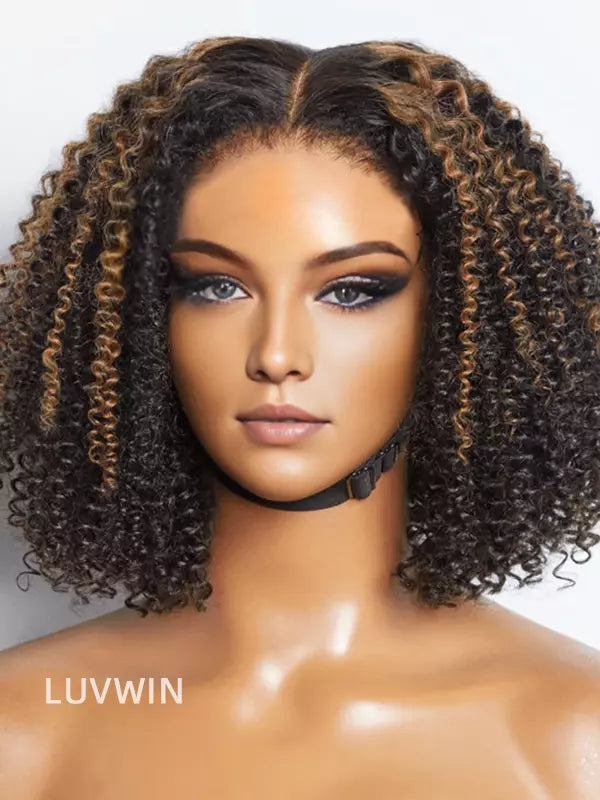 4C Edges | Luvwin 180%density Highlight Afro Curly 5x5 HD Glueless Undetectable Frontal Lace Wig