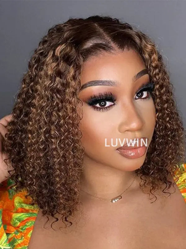 Luvwin 13x4 Brown Color Water Wave Human Hair Bob Wig Pre-Cut HD Lace