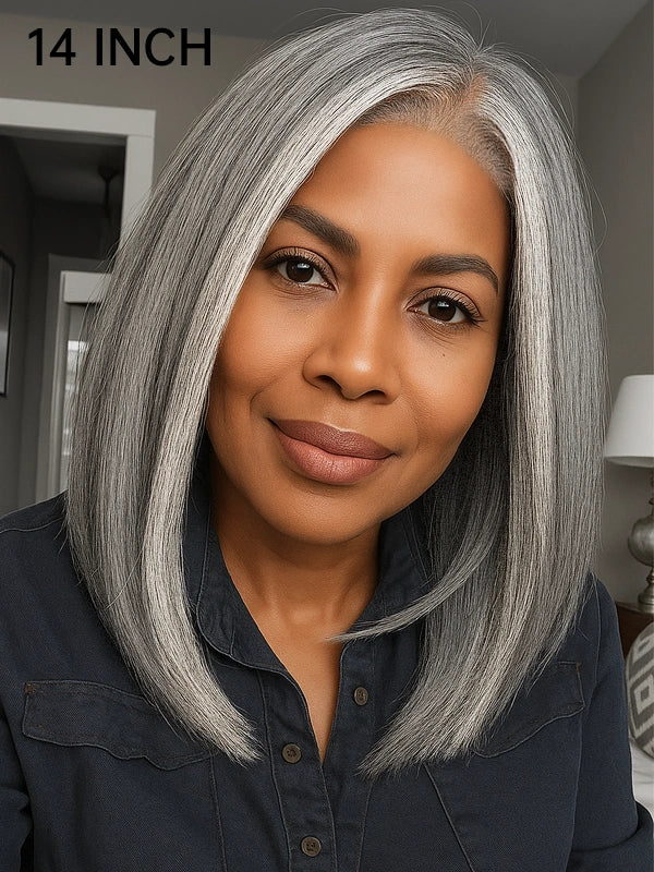 Luvwin Realistic 4C Edges Salt & Pepper More Salt Highlight Front Glueless Yaki Straight Wig