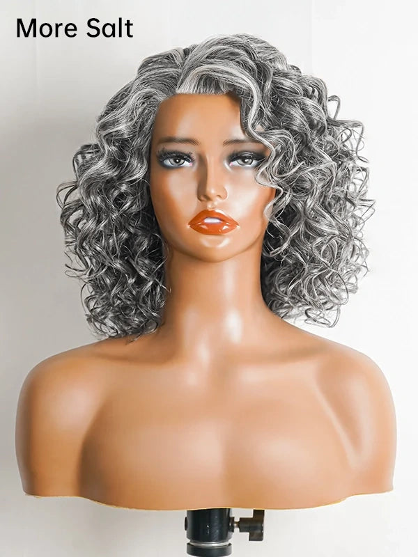 Luvwin 5x5 Gentle Curly Salt And Pepper Glueless Grey Color Pre-Cut Lace Bob Wig