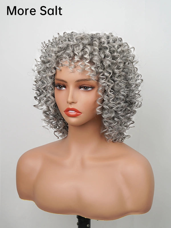 Luvwin Salt And Pepper Ringlet Curls Wig With Bangs