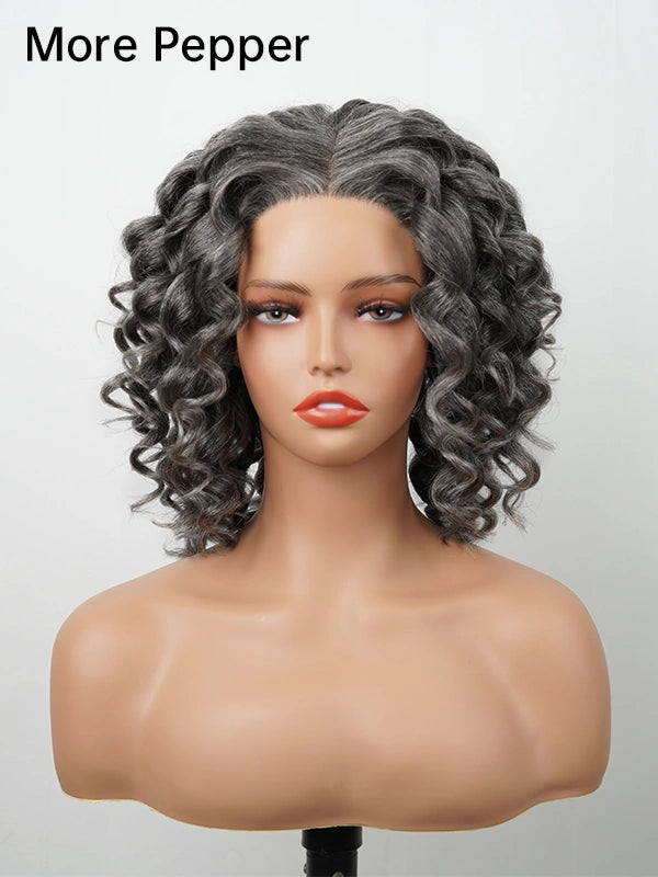 Luvwin Salt And Pepper Wand Curl Kinky Hair 5x5 Pre-cut Lace Bob Wig