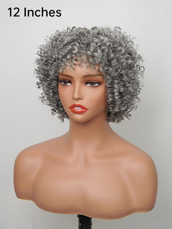 Luvwin Salt And Pepper Ringlet Curls Wig With Bangs