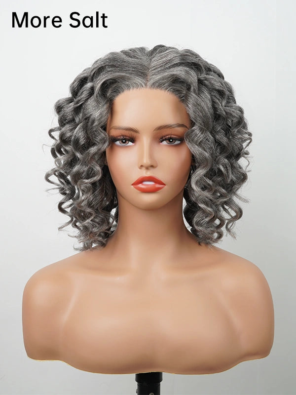 Luvwin Salt And Pepper Wand Curl Kinky Hair 5x5 Pre-cut Lace Bob Wig