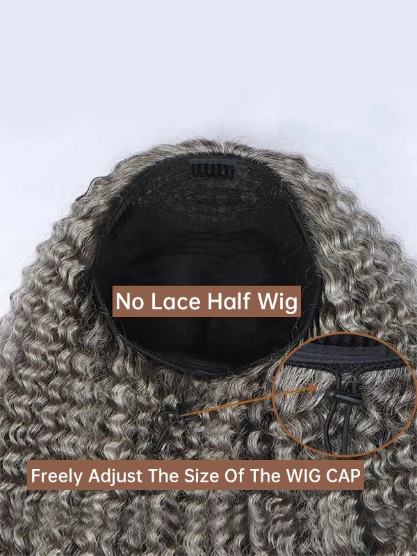 Luvwin Salt & Pepper Kinky Straight 3 In 1 Half Wig Beginner Friendly Glueless 3/4 Wig 100% Human Hair