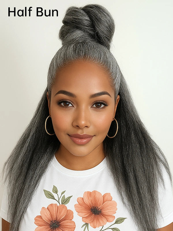 Luvwin Salt & Pepper Kinky Straight 3 In 1 Half Wig Beginner Friendly Glueless 3/4 Wig 100% Human Hair