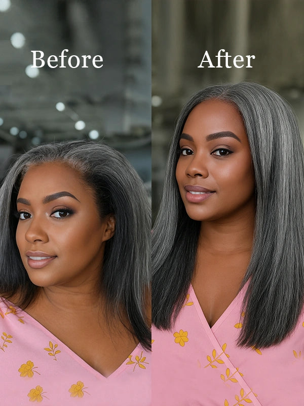 Luvwin Salt & Pepper Kinky Straight 3 In 1 Half Wig Beginner Friendly Glueless 3/4 Wig 100% Human Hair